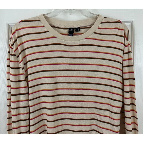 VOLCOM - Beige Multi Stripe Long Sleeve Loose Fit Cropped Viscose Sweater sz 10 - Picture 2 of 7